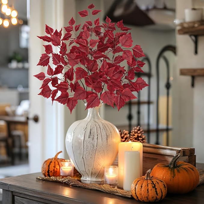 Hollyone 3Pcs Fall Artificial Birch Leaves with Stems 33" Silk Faux Burgundy Autumn Leaf Branches Spray Fake Fall Leaves Decorations for Home Vase Florals Thanksgiving Table Centerpieces Indoor Decor