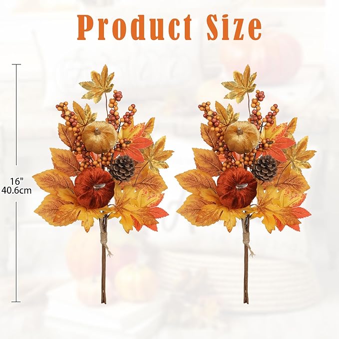 Briful 2Pack 16in Fall Picks and Sprays with Velvet Pumpkins Pinecones Berries Maple Leaves Artificial Fall Floral Branches Stems for Vases Autumn Table Centerpieces Seasonal Home Decor