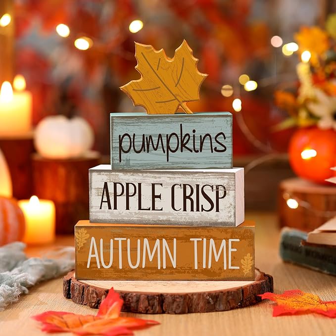 4 Pcs Fall Decoration for Home Wooden Maple Leaf Fall Tiered Tray Decor Thanksgiving Centerpiece Rustic Decorative Maple Leaf Block Signs Gift Farmhouse Autumn Decoration for Home Kitchen