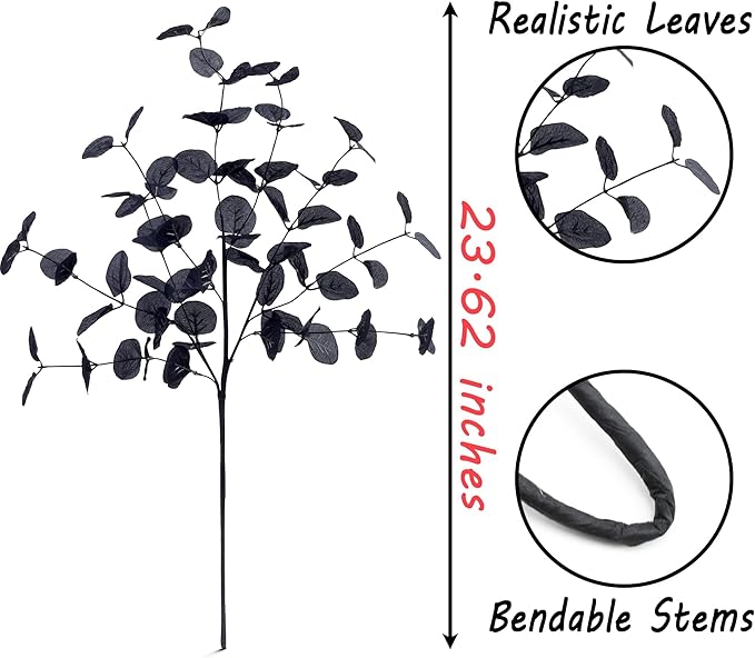 SITUMEIZI 6 Pcs Halloween Black Artificial Eucalytpus Stems Faux Eucalyptus Leaves Branches Tall Bouquet Fall Decor Real Touch Leaf Thanksgiving Table Centerpiece Home Decoration