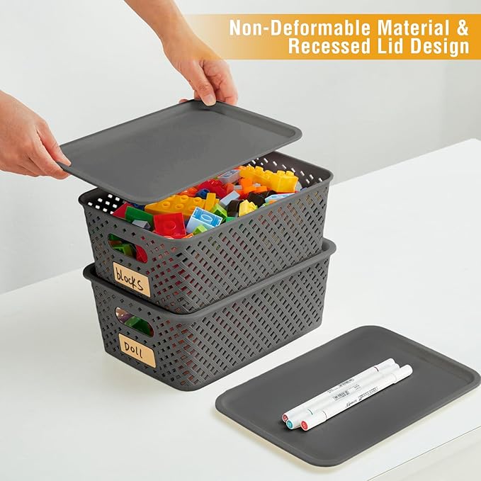 Small Plastic Twill Woven Storage Baskets with Lids, Stackable Organizing Containers with Labels for Pantry Closet Office, 6-Pack,10.35"x7.3"x4.09", Gray