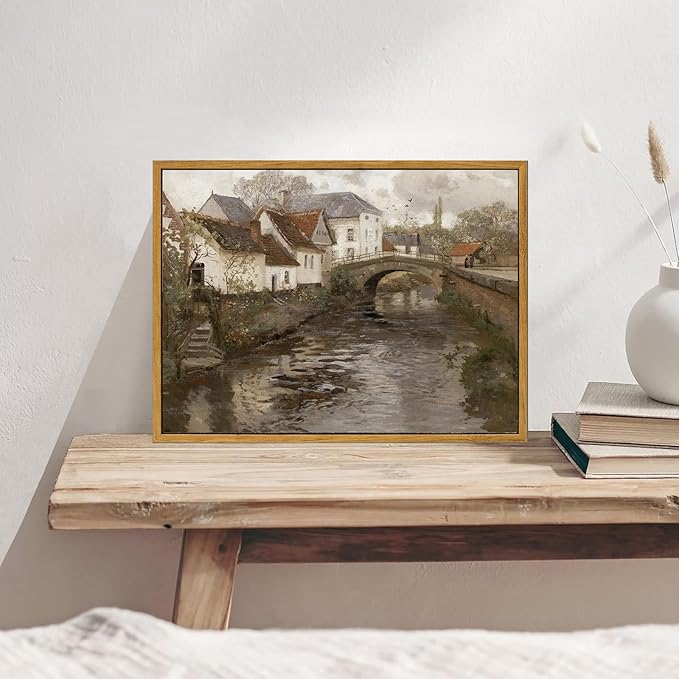 KBKBART Vintage Wall Art, Retro European Village Country Framed Canvas Art Prints Painting Farmhouse Decor, Rustic Impressionism Scenic Landscape Wall Decor for Bathroom, Bedroom Living Room, Vintage Wall Decor(12"x16")