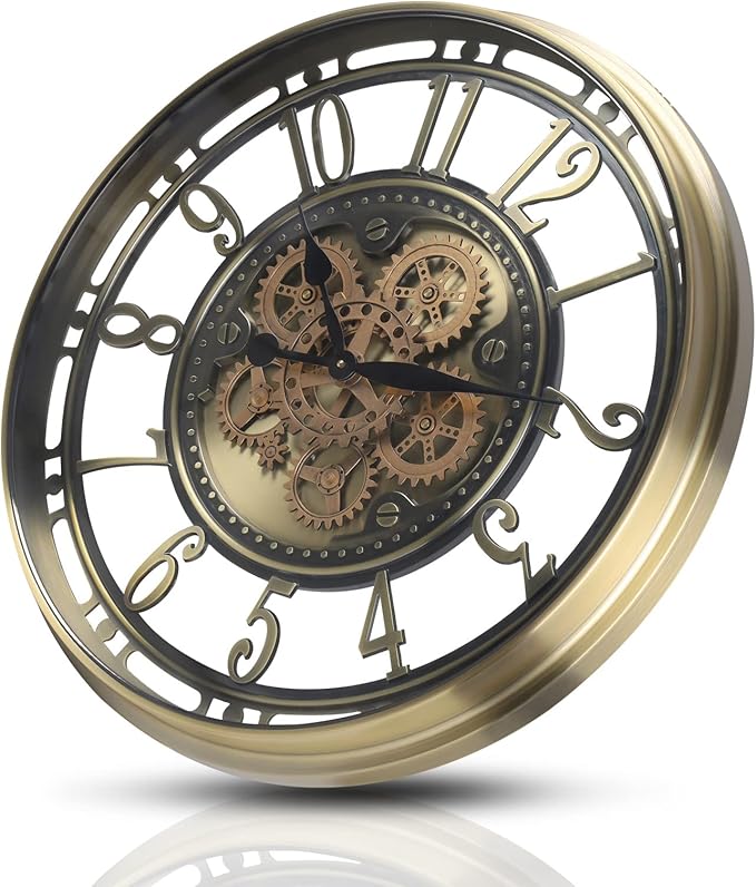 CLXEAST 28 Inch Large Moving Gear Wall Clock for Living Room Decor, Modern Farmhouse Wall Clock for Home Office,Brass Gold,House Warming Gifts New Home