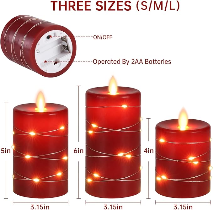 Da by Red Flameless Candles with String Lights, Battery Operated Candles with Remote Control and Timer,Flickering LED Pillar Candles for Home Décor,Real Wax,3 Pack -Red