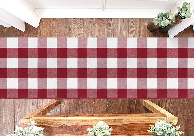 KOZYFLY Buffalo Plaid Rug 2x8 Ft Runners for Hallways Washable Checkered Rug Red and White Christmas Rugs Woven Cotton Kitchen Fall Rug Halloween Decor for Hallway Kitchen Living Room