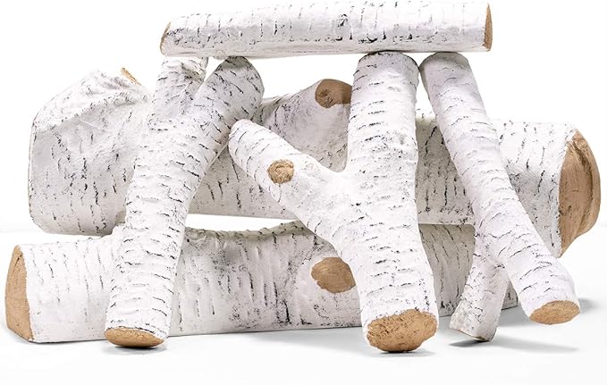 Barton 6Pc Ceramic Log Set Birch Wood Style w/Stackable Gas Heat Resistant Outdoor Indoor Fireplace Fire Wood Fake Realistic