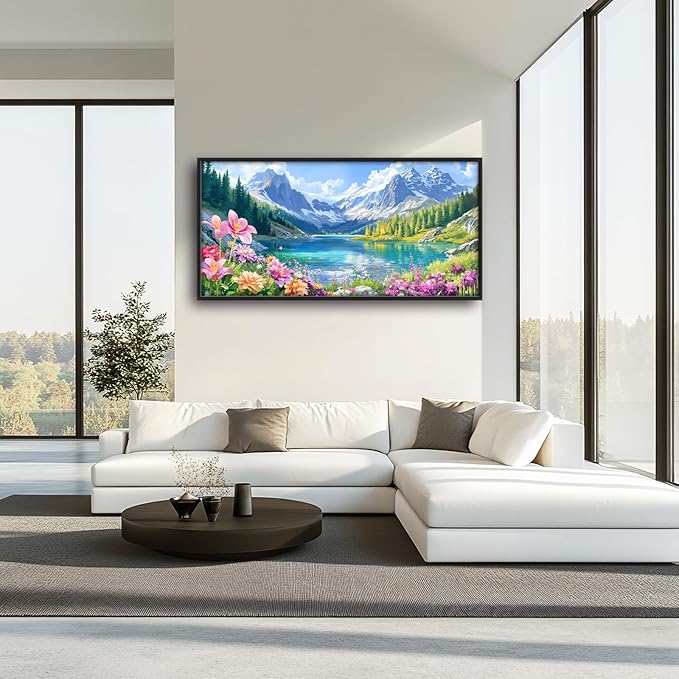 Extra Large Framed Mountain Lake Wall Art,Colorful Wild Flower Wall Decor,Mountain Forest Landscape Pictures for Living Room,Canvas Print Painting Modern Artwork Bedroom Office Bathroom 60L x30W