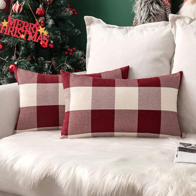 MIULEE Pack of 2 Farmhouse Checkers Buffalo Plaids Polyester Linen Soft Solid White and Red Decorative Throw Pillow Covers Home Decor Cushion Case for Sofa Bedroom 12 x 20 Inch