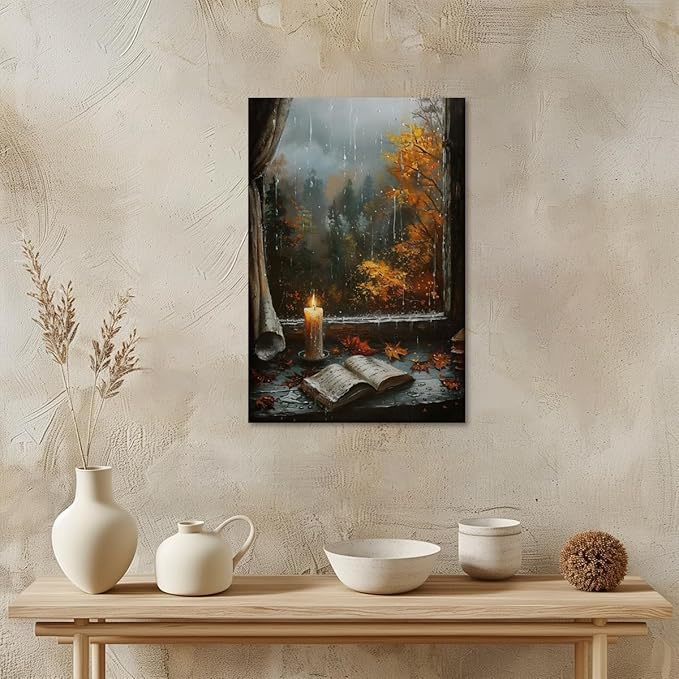 Fall Canvas Wall Art Cozy Bookish Posters Autumn Pictures Prints Moody Dark Cottagecore Academia Art Room Living Wall Decor 16x24inch Framed