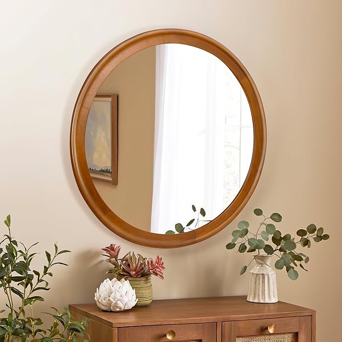 Round Wood Mirror for Wall,36 Inch Circle Decorative Mirror with Walnut Frame,Rustic Bathroom Hanging Vanity Mirror for Entryway,Bedroom or Living Room