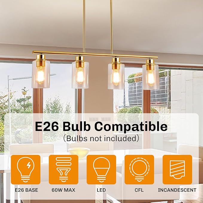 Kitchen Island Light, 4-Light Pendant Lighting, Farmhouse Industrial Dining Room Light Fixtures for Kitchen Island Dining Living Room, Brushed Gold with Clear Glass Shade