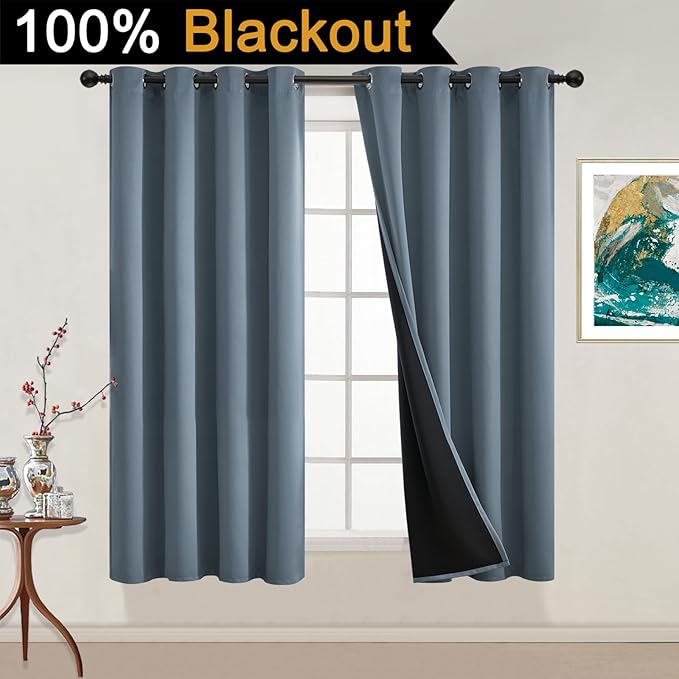 Yakamok 100% Blackout Lined Panels, Room Darkening Thermal Insulated Blackout Curtains for Bedroom, Heat Blocking Drapes for Living Room(52Wx54L, Stone Blue, 2 Panels)
