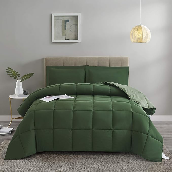 HIG 3pc Green Oversized King Comforter Set Duvet Insert, Reversible, All Season, Box Stitched, with Corner Tabs, Soft, Fluffy