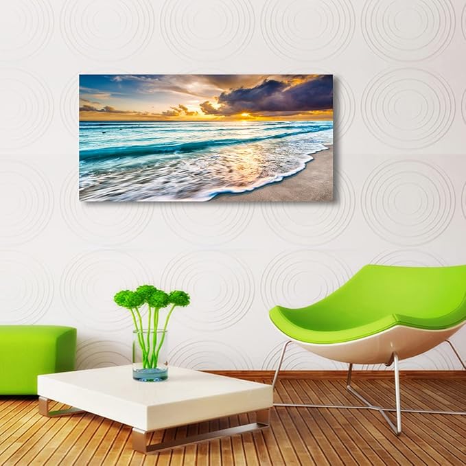Beach Canvas Wall Art Seascape Theme Pictures Home Decor Blue Ocean White Wave Sunset Prints Painting for Living Room Bathroom Bedroom Kitchen Office Decorations Natural Landscape Artwork 28x57 inches