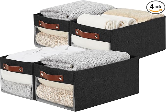 Medium Storage Baskets with Clear Window, See Through Closet Organizer with PU Handles, Linen Foldable Storage Bins for Organizing Clothes, Toys, Books (Black)