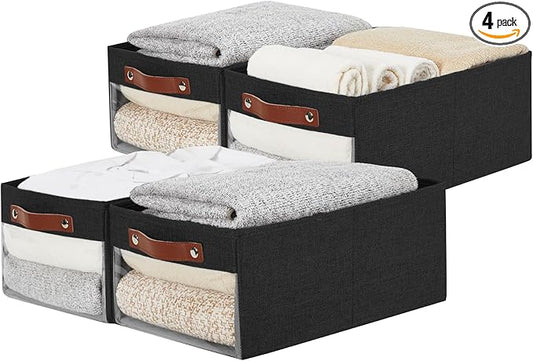 Medium Storage Baskets with Clear Window, See Through Closet Organizer with PU Handles, Linen Foldable Storage Bins for Organizing Clothes, Toys, Books (Black)