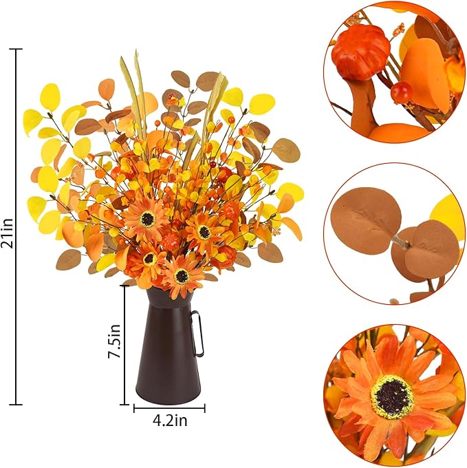 Agusbagli Artificial Fall Flowers with Metal Pot, 22.5" Farmhouse Fall Pumpkin Arrangement with Eucalyptus Leaves Fake Fall Plants Autumn Flowers in Vase for Table Centerpieces Harvest Home Decor