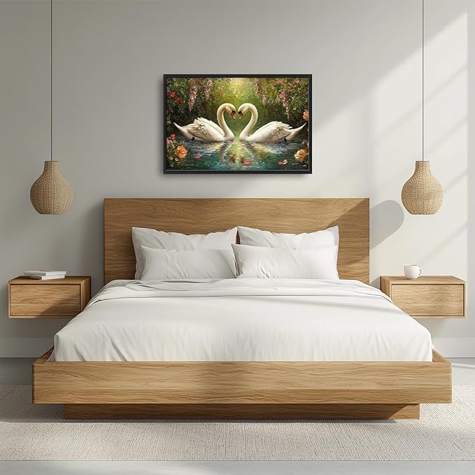 Swans Framed Wall Art for Living Room, Large Lake Loving Swans Canvas Wall Decor, Country Animal Pictures Painting, Natural Landscape Modern Artwork for Bathroom Bedroom 36L'' × 24W''
