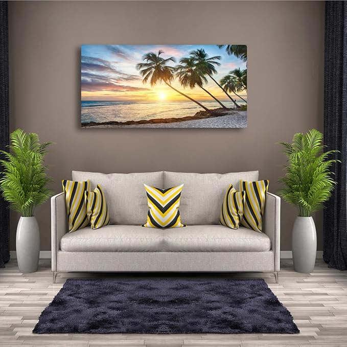 Beach Pictures Canvas Wall Art for Living room Bedroom Wall Decor,Palm Wall Art Print Paitnings for home Decor,Morden Artwork Sunset Coconut Tree Canvas Art Waterproof Stretched Ready to