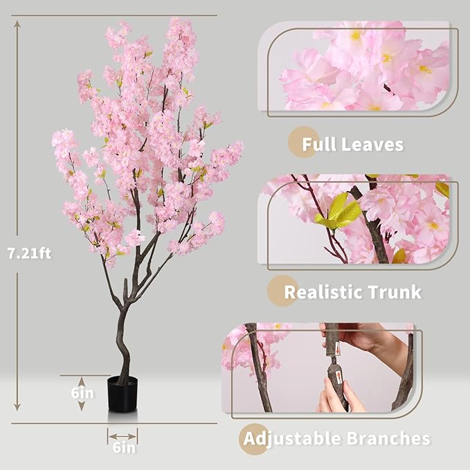 Faux Modern Pink Cherry Blossom Tree 7ft(84in)Tall Artificial Japanese Sakura Tree Decor Natural Fake Pink Floral Tree for Wedding Realistic Silk Plant in Pot for Home Living Room,Office,Outdoor Decor