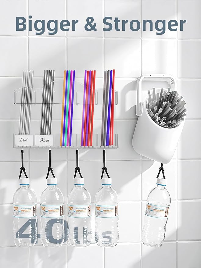 9.8" Acrylic Straw Holder for Cabinet Door - 5-Compartment Organizer with Ultra-Sticky Adhesive, Storage for Reusable Straws and Brushes, Kitchen & RV Essensials