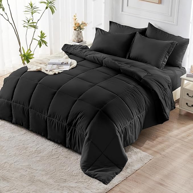 JOLLYVOGUE California King Comforter Set, Ultra-Soft Bed in a Bag Cal King Size 7 Pieces, Oeko-TEX Certified Bedding Set with Down Alternative Comforter, Sheets, Pillowcases & Shams, Black