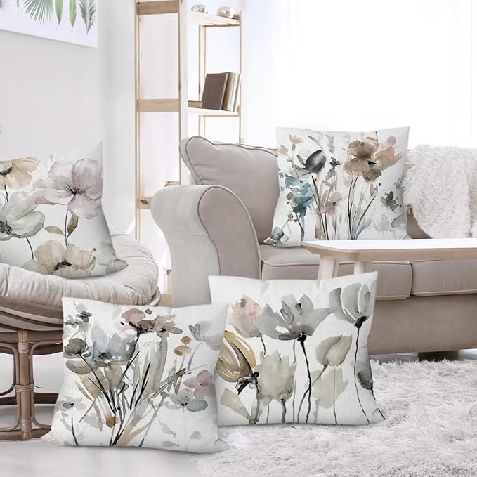 COMMINY Brown White Grey Pillow Covers 18x18 Set of 6 Flower Throw Pillow Cover for Couch Modern Decorative Watercolor Floral Cushion Cover for Sofa Bedroom Living Room Farmhouse Home Decor