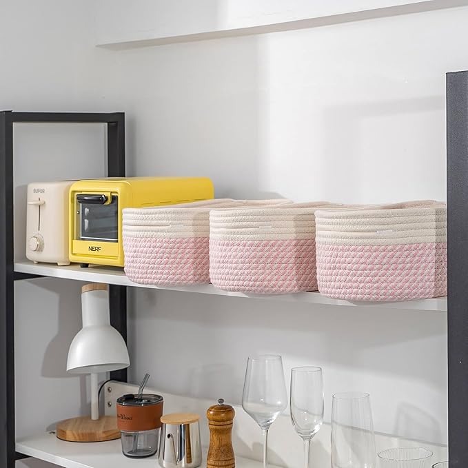 CubesLand Cotton Rope Baskets for Shelves Storage,Cube Shelf Closet Storage Bins Set 2,Long-lasting &Skin-friendly Toy Basket Bin,Stylish Room Decor Basket,Woven Off White/Mixed Pink