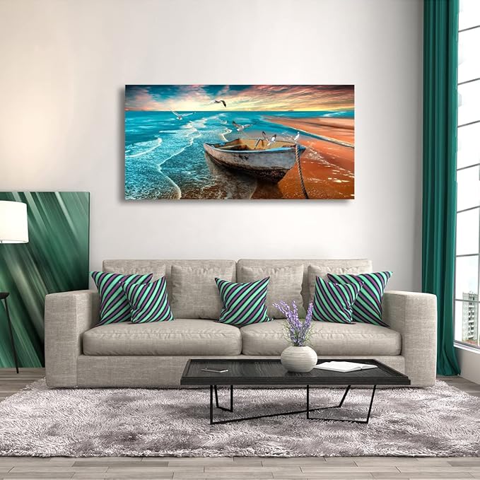 Beach Sunset Pictures Canvas Wall Art For Living Room Bedroom Wall Decor,Seascape Wall Art Print Paitnings For Home Decor,Morden Artwork Boat Canvas Art Waterproof Ready To Hang-20X40Inches