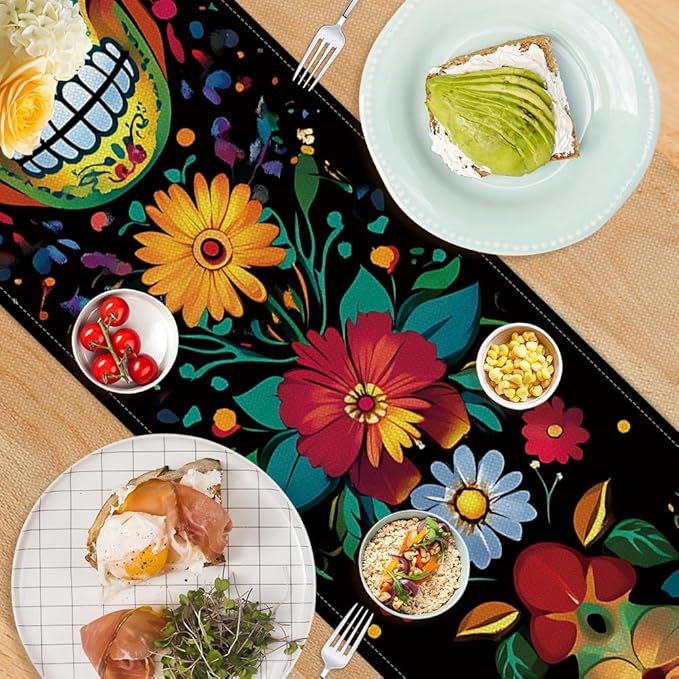 ANNA QUEEN Flowers Table Runner 13 x 72 Inch for Dining Table, Table Runner for Spring & Holiday Dining Decor Indoor Outdoor Party Home Table Decoration (Skull)