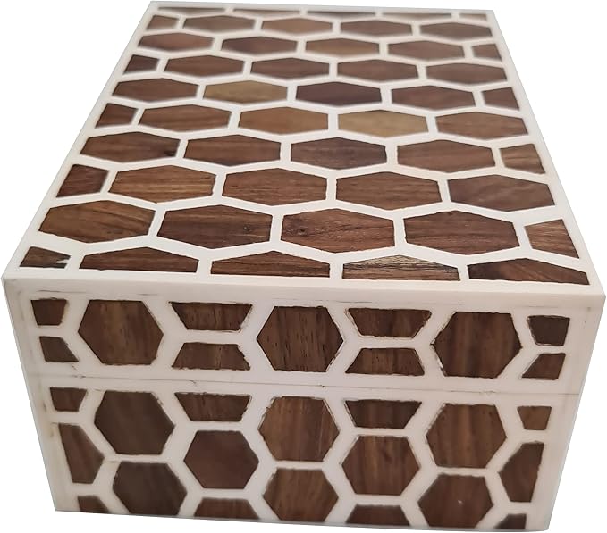 collectiblesBuy Honeycomb Bone Inlay Jewelry Box – Handcrafted Decorative Organizer for Keepsakes, Dresser & Vanity | Elegant Bedroom Storage Box & Unique Gift Decor
