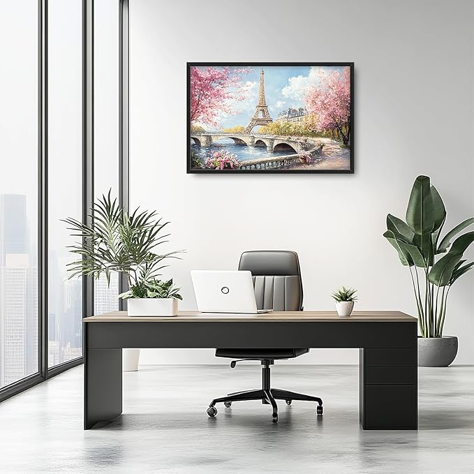 Eiffel Tower Framed Wall Art for Living Room, Large Paris Tower Canvas Wall Decor, Pink Cityscape Pictures Painting, Natural Landscape Modern Artwork for Bathroom Bedroom 36L'' × 24W''