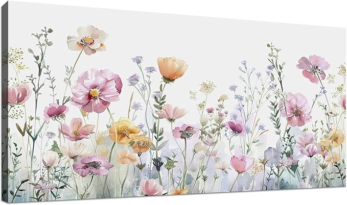 Tucai Decor Floral Wall Art Decor 30 x 58 inches Pink Yellow Purple Flowers Painting Canvas Art for Living Room Bedroom Office Watercolor wildflowers Art Prints Ready to Hang