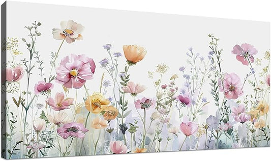 Tucai Decor Floral Wall Art Decor 30 x 58 inches Pink Yellow Purple Flowers Painting Canvas Art for Living Room Bedroom Office Watercolor wildflowers Art Prints Ready to Hang