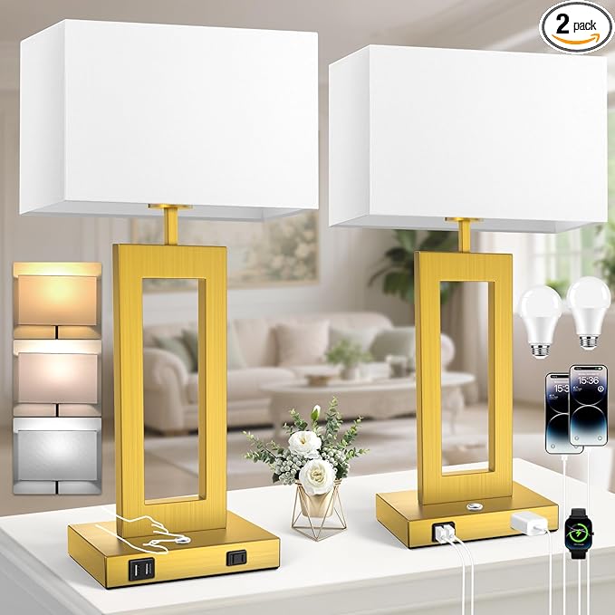 3 Way Dimmable Table Lamps for Bedrooms Set of 2, 27.2’’ Super Tall Modern Gold Lamps for Living Room Nightstand End Tables, Button Touch Control Bedside Lamps with 2 USB Ports, E26 Bulbs Included