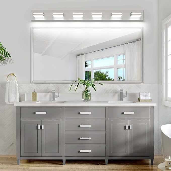 SineRise LED Modern Bathroom Vanity Light Fixtures (6-Light, 48-Inch), Brushed Nickel Modern Acrylic Bathroom Wall Lighting Fixtures Over Mirror (Cool White 6000K)
