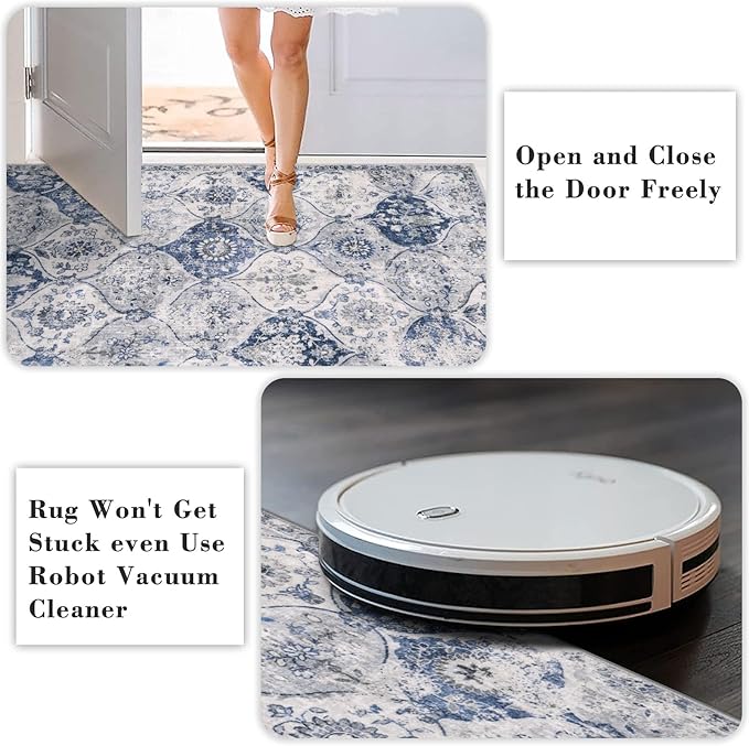 Lahome Moroccan Trellis Washable Small Area Rug, 3x5 Area Rug for Bedroom Living Room, Non-Slip Oriental Accent Throw Carpet for Kitchen Office Entryway Bathroom Office, White/Royal Blue