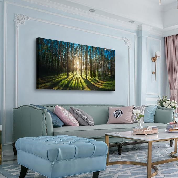 Sunrise Forest Pictures Canvas Wall Art for Living room Office Bedroom Wall Decor,Forest Wall Art Print Paintings Modern Green Nature Landscape Artwork Waterproof Ready to Hang-28x57 inch