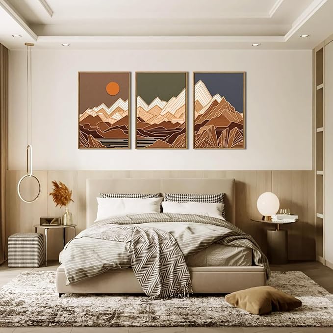 IARTTOP Large Mountain Framed Canvas Wall Art 16x24 Inch Set of 3 Abstract Mountain Woodcut Wall Decor for Living Room Bedroom Office