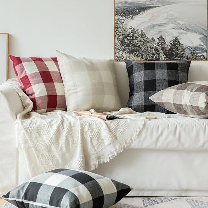 MIULEE Pack of 2 Farmhouse Checkers Buffalo Plaids Polyester Linen Soft Solid White and Red Decorative Throw Pillow Covers Home Decor Cushion Case for Sofa Bedroom 16 x 16 Inch
