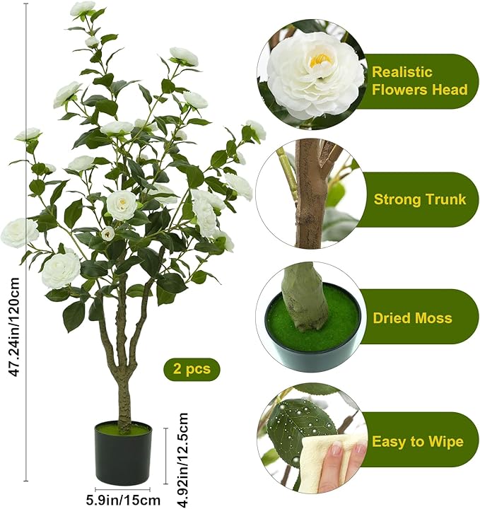 4ft Artificial Camellia Tree with White Silk Flowers - Realistic Faux Flowering Plant for Indoor/Outdoor Decor, Home Staging & Wedding Centerpieces Set of 2