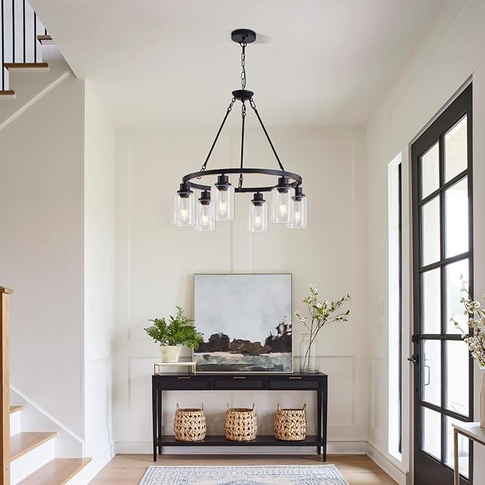 6-Light 24" Modern Farmhouse Chandeliers for Dining Room,Wagon Wheel Black Chandelier,Adjustable Height Hanging Round Pendant Lights for Kitchen Island Clear Glass Shade Ceiling Light fixtures
