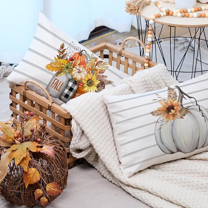 AACORS Fall Pillow Covers 12 x 20 Inch Set of 4, Pumpkin Home Sweet Home Thankful Grateful Blessed Harvest Floral Decorations Autumn Seasonal Pillow Case Decor for Sofa Couch AA557-12