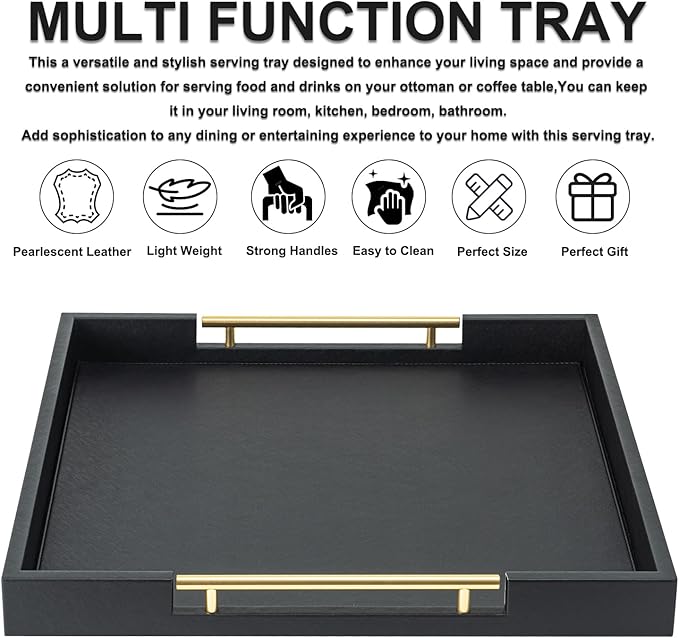 Black Square Serving Tray with Gold Handles for Party,Large Wood Decorative Tray for Ottoman,Faux Leather Coffee Table Tray Decor