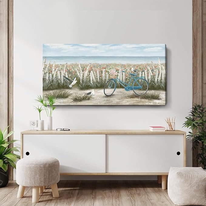 Canvas Wall Art for Living Room Boho Beach Coastal Floral Print Seaside Blue Bicycle with Pink Flowers Seagull Seascape Painting Seashore Wildflower Landscape Vintage Farmhouse Decor Artwork 48x24inch