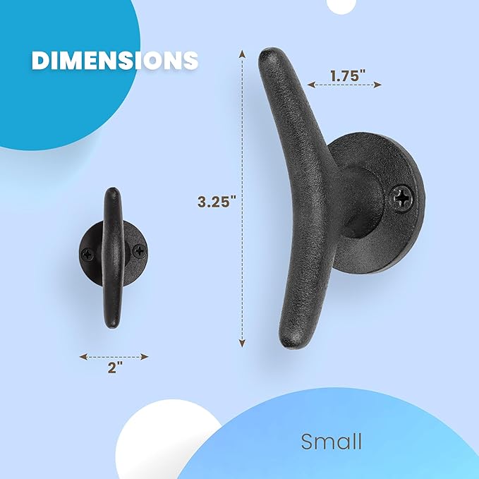 Claimed Corner Cast Iron Coat Hooks - Boat Cleat Nautical Marine Entryway Decor Multi-Purpose Hat Towel Hanging Hook - Durable & Rust-Resistant - Includes Mounting Hardware - 4 Pack (Small, Black)