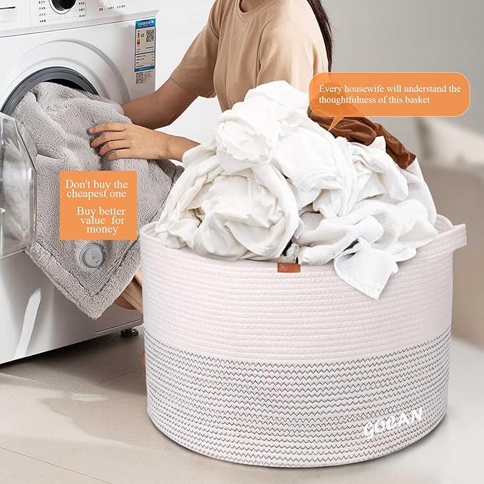 Extra Large Laundry Basket 22" X 22"X 14" XXXL Cotton Rope Woven Basket for Blankets Storage Basket with Handles for Living Room (Beige)