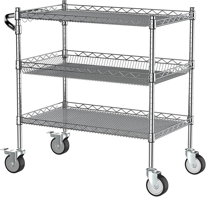 Leteuke Heavy Duty 3 Tier Rolling Utility Cart,NSF Certified 990Lbs Capacity Rolling Carts with Wheels,Commercial Grade Metal Cart with Handle Bar & Shelf Liner,Trolley Serving Cart for Kitchen,Chrome