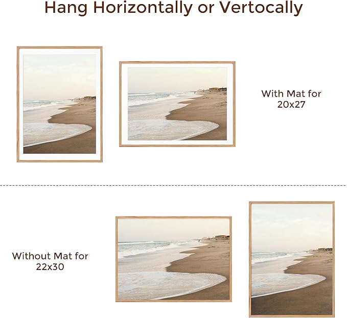 22x30 Oak Wood Picture Frame, 22"x30" Poster Frame for Wall, 22x30 Picture Frame with Mat for 20x27, Solid Oak Wood Photo Frame 22 x 30 with Tempered Real Glass (Natural Oak Color, 1 Pack)