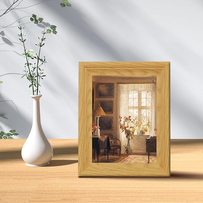 Brivoria Framed Canvas Wall Art Vintage Decor, Scandinavian Home Interior with Sunlit Window, Indoor Plants and Warm Autumn Light for Bedroom Kitchen Bookshelf Office or Tabletop Fall Display, 8"x10"